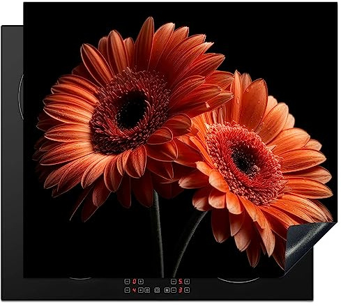 KitchenYeah© Protege Couvre Plaque De Cuisson Deco Cuisine Tapis Protection | 59x52 cm - Induction Vitrocéramique Fleurs - Botanique - Gerbera - Orange - Noir