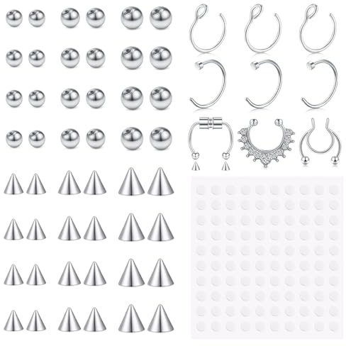 JFORYOU Fake Lip Labret Studs Replacement Balls Spike with 100pcs Sticker Non-Piercing Fake Nose Rings Hoop Body Jewelry 3mm 4mm 5mm