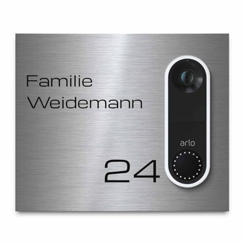 Hochwertiges Klingelschild für Arlo Video Türklingel Akku oder Kabel - personalisiertes Namensschild aus Edelstahl mit Gravur | kompatibel mit Arlo Klingel - hochwertiges Funkklingel Zubehör