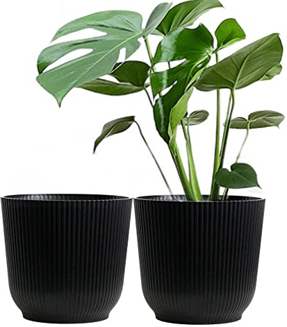 Olly & Rose Oxford Blumentopf Übertopf Kunststoff - 2 Stück - Innen- und Außenblumentöpfe für Garten und Haus - Gehärtetes Harz Pflanztöpfe (Schwarz, 22 cm)
