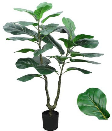 TUTUDECOR Künstlicher Feigenblatt-Feigenbaum, 91 cm hoch, künstliche Geigenblätter, Pflanze mit 2 natürlichen Stämmen, 35 großen Geigenblättern, künstlicher Ficus-Lyrata-Baum für drinnen und draußen,