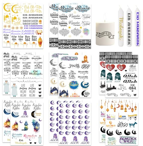 ZELAITE 16PCS Kerzentattoos Ramadan, Eid Mubarak, Kerzen Dekorieren, Wasserschiebefolie, Beschriften Folie für Stabkerzen, Glückslicht Sprüche (B)