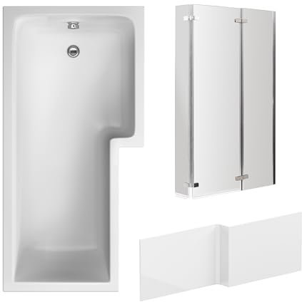 Balterley 1700 x 850mm L Shape Shower Bath with Leg Set, 3 Panel Chrome Center Hinge Shower Screen & L Shaped Bath Panel, Right Hand Single Ended Gloss White Soaking Baths, Acrylic Baths (White)