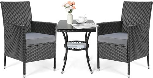 LIFERUN Balkonmöbel Set 3tlg,Hochwertiges Rattan & Sitzkissen & Glas,Ultra-Stabiler Komfort,Rattan Gartenmöbel,Polyrattan Lounge, Balkon Lounge,Gartenlounge,Schwarz
