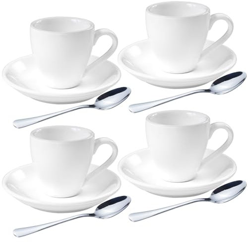 homEdge Set di 4 tazzine da caffè in porcellana, con piattini e cucchiaini in acciaio inox, 80 ml, colore: bianco