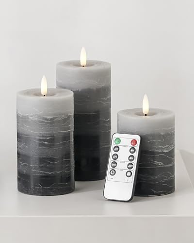 Stmarry Distressed Gradient Gray Flameless Candles with Remote and Timer, Real Wax Made LED Pillar Candles Battery Operated with 3D Flickering Flame - 3 x 4,5,6 - Set of 3