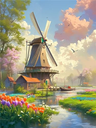 5D DIY Diamond Art Painting Kits, Windmühle Diamond Painting, Diamant Painting Bilder Erwachsene Malen nach Zahlen, Diamond Painting Eckige Steine, Landschaft Diamant Malerei für Wand Décor 40x50cm