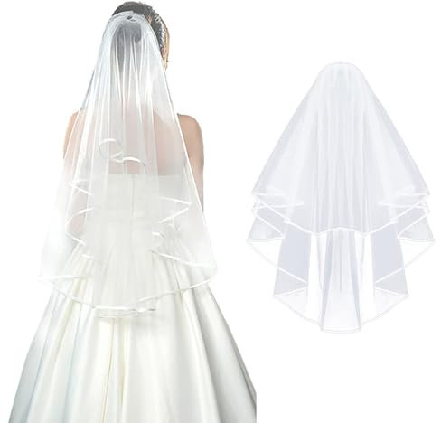LNNLOO Weißer Schleier, Kurz (2 Etagen), Damen, Einfacher Tüll, Kurze Spitze, Hochzeitsschleier, Bandkante Mit Kamm, Gesäumter Schleier, Für Hochzeit, Junggesellenabschied, Dekorationen,White