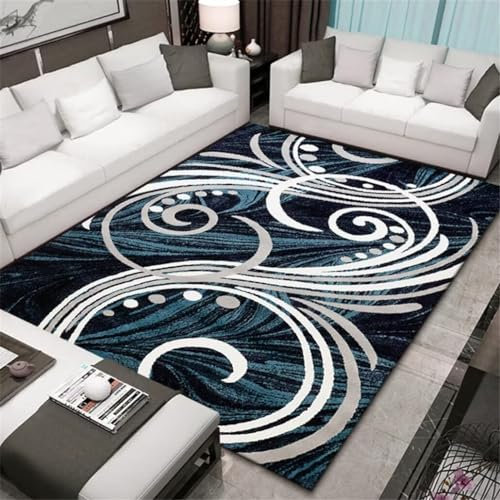 Xiaosua Gaming Teppich200x250CM Outdoor Teppich vorzimmer Waschbarer, klassischer, weißer, geschwungener Blau