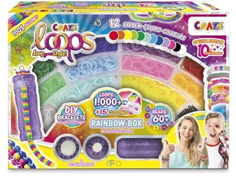 Craze loops Rainbow Box – Rainbow Loom bandset med 1 000 gummiband för pyssel – halsband, ringar och armband gör det själv