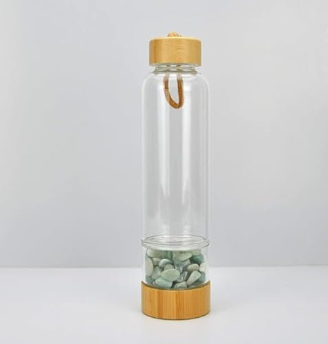 Glass Water Bottle Bamboo Direct Drinking Cup Glass Crystal Gravel Stone Bottle for Gift, (Aventurine)