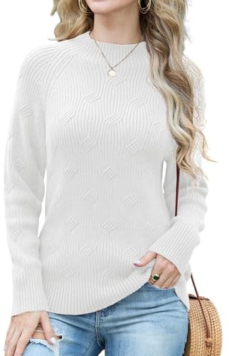 GRECERELLE Women's Jumpers Long Sleeve Casual Crew Funnel Neck Pullover Tops Ladies Knit Jumpers (White, L)