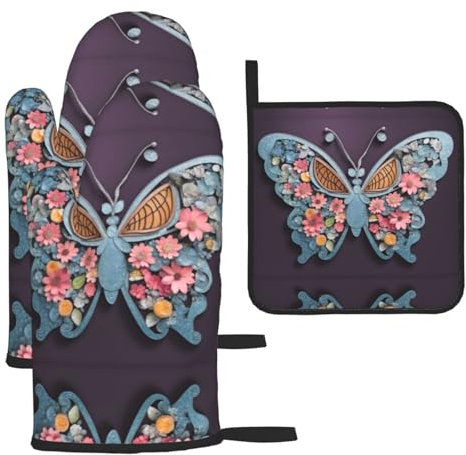 Personalisierte Beauty Butterfly Ofenhandschuhe und Topflappen, Grillhandschuhe und Halter zum Kochen, Backen (3-teiliges Set)