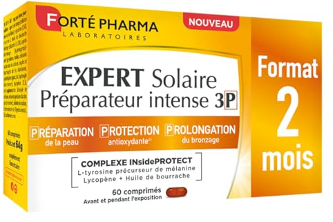 Forté Pharma - Expert Solaire Préparateur Intense 3P - 3en1 Prépare Protège Prolonge et Antioxydant - Sélénium, L-tyrosine, Caroténoïdes, Cuivre, Vitamines C E - 60 comprimés, 1/jour