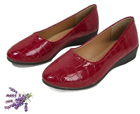 LTHTX Women's Lightweight Leather Shoes, Womens Ladies Low mid Heel Wedge Casual Work Dolly Ballerina Court Shoes (6,red)