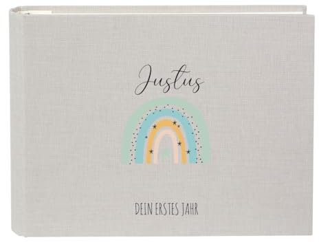 minimutz Babyalbum Regenbogen Baby - Personalisiert mit Name - Fotoalbum Fotobuch Dein erstes Jahr zum selbstgestalten Stoff - Erinnerungsalbum weiße Seiten 29x23 cm grau