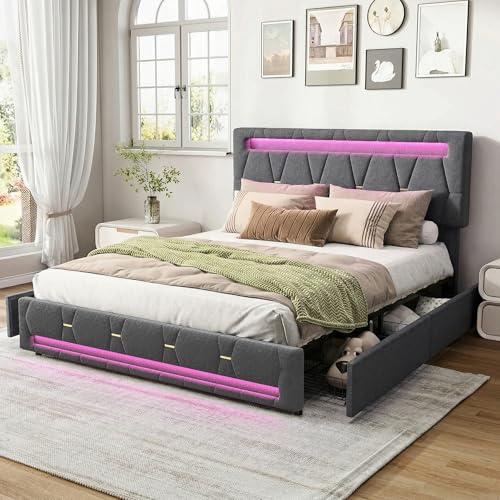 SHAODENG Jugendbett 140x200 cm, LED Polsterbett mit USB-Ladefunktion, Stauraumbett mit 4 Schubladen,Verstellbares Kopfteil, Funktionsbett Bettgestell Rückenlehne, Linen, Grau, Ohne Matratze