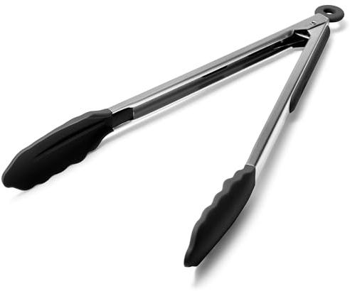 Doosu Kitchen Tongs for Cooking - 600°F Heat Resistant Food Tong with Non-Scratch Silicone Tips, Heavy Duty Stainless Steel Locking Tong for BBQ, Grilling Steak, Serving Salad, Pasta (12in, Black)