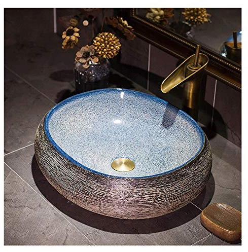 Lavandino da bagnoLavandino del bagno, lavabo da appoggio per il bagno, lavabo da appoggio in ceramica, lavabo ovale blu lucido, design curvo vintage.