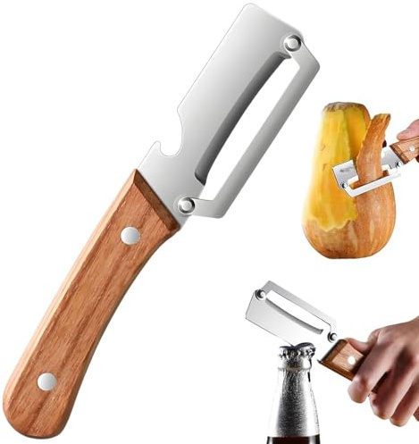Pelador de verduras multifuncional para cocina, 2 en 1, pelador de frutas y verduras con abrebotellas, pelador de patatas de acero inoxidable con mango de madera, pelador universal para manzanas