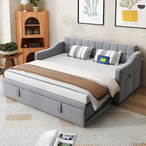 Moimhear Letto imbottito divano letto 2 in 1 divano letto multifunzionale 90 x 180 x 190 cm, tessuto di velluto grigio chiaro letto imbottito con presa e tasca portaoggetti