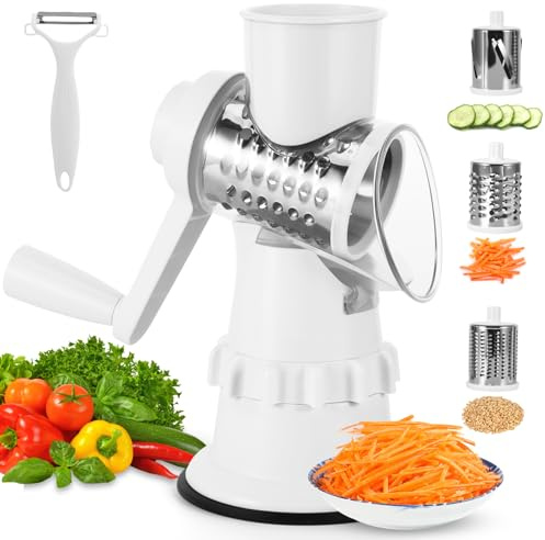 Rotary Cheese Grater, Vegetable Slicer Cheese Shredder With3 Interchangeable Dlades and a Peeler, Rotary Graters forKitchen with Strong Suction Base Suitable for VegetablesCheese and Fruits