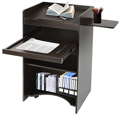 116x40x60 cm Black Pull-Out Wood Lectern, Mobile Floor Podium with Slide Shelf & Keyboard Tray, Rolling Teacher Speaker Stand, Church Classroom Presentation Desk, Locking Casters, Cable Port