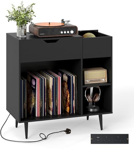 COSTWAY Record Player Stand with Charging Station, Turntable Stand End Side Table with Drawer, 3 Dividers and Shelves, Albums Vinyl Record Storage Cabinet Holder for Living Room Bedroom (Black)
