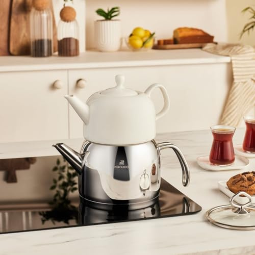 Karaca Pocelinox Porcelain & Stainless Steel Teapot Set, 2-Piece Turkish Tea Maker (3L Capacity) – 18/10 Grade 304 Steel & Fine Porcelain – Induction Compatible & Dishwasher Safe – Glass Lid