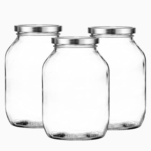 Half Gallon Glass Pickle & Fermenting Jar (2.27L) | Packs of 3-100 with Gold, Black or Silver Twist-Off Lids | Large Airtight Preserve Jars | J&B (6, silver)