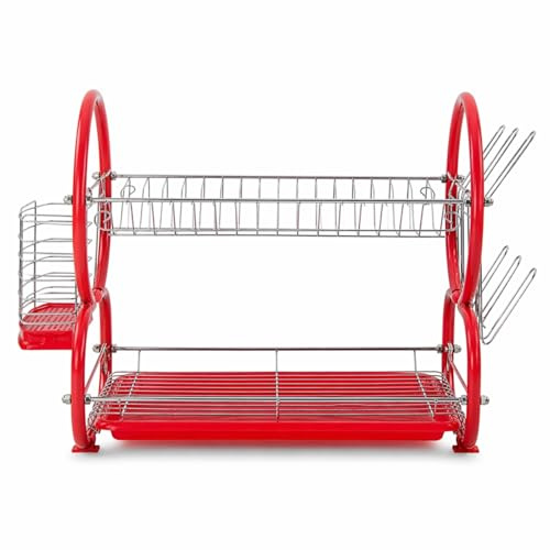 2 Tier Dish Drainer Rack with Drip Tray & Cutlery Holder Space Saving Metal Kitchen Dish Drying Rack with Utensil Holder Rust Resistant Dish Organizer (Red)