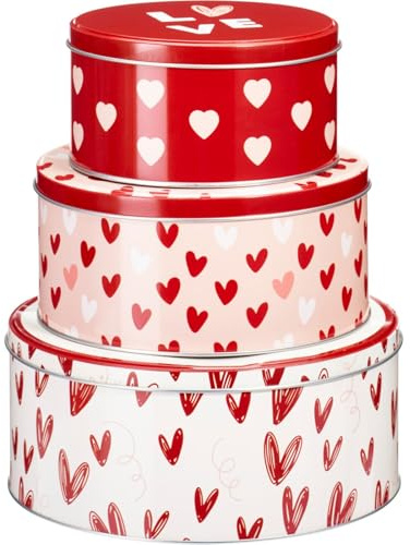 Carousel Home Set of 3 Heart Design Nesting Tins, Round Fairy Cake Storage Tins, Biscuit Cookie Muffin Stackable Kitchen Storage Tins