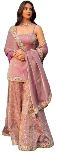 ONPEAK Designer Embroidered Peplum Sharara Suit Set with Dupatta Traditional Wedding Festive Wear, Lavender, Medium