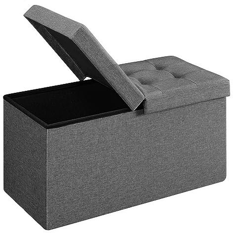 SONGMICS Storage Ottoman, Foldable Storage Bench, 38 x 76 x 38 cm, Flipping Lid, 300 kg Load Capacity, for Hallway, Living Room, Bedroom, Dark Grey LSF86GYZ