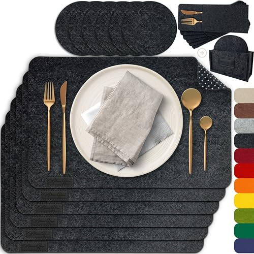 MAHEWA® 6er Set Premium Tischset Platzset aus Filz rutschfest Ab-waschbar und Waschmaschinenfest Eckige Platzdeckchen (Anthrazit, 6er Set mit Zubehör)