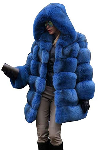 YAOTT Femme Élégant Fausse fourrure Blazer Manteau Manche longue Hiver Chaud Blousons Parka Manteau d'extérieur à capuche Cardigan d'hiver Bleu M