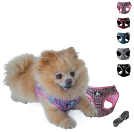 NEEZ Premium Geschirr für Katzen und kleine Hunde mit Leine | Super Bequeme Katzenweste | Ausbruchsicher und atmungsaktiv | Farbe: Pink/Grau Größe: L