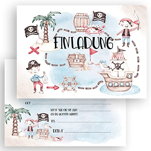 E&G Klasse 10x Kinder Einladungskarten Einladung Kindergeburtstag Pirat Piraten Party Piratenparty Schatzsuche Geburtstag Pastell Aquarell 10x15 cm Party Kinder 1 2 3 4 5 6 7 8 9 10 11