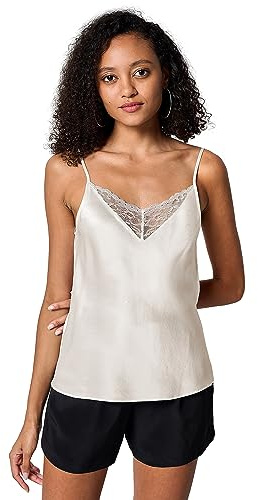 LilySilk X MIM Spitze 2 in 1 Kamisol Seidentop Sexy Unterhemd Top Oberteil Schlicht Trägertop 100% Seide V-Ausschnitt Tops S, Natürliches Weiß
