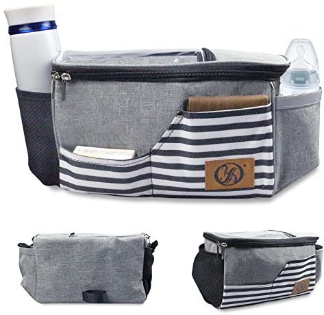 Kinderwagen Organizer mit Becherhalter, Schultergurt und Stauraum für Windeln&Handys,Baby Zubehör Buggy Organizer und Kinderwagen Taschen Plus mit Reißverschlusstasche. (Grau)