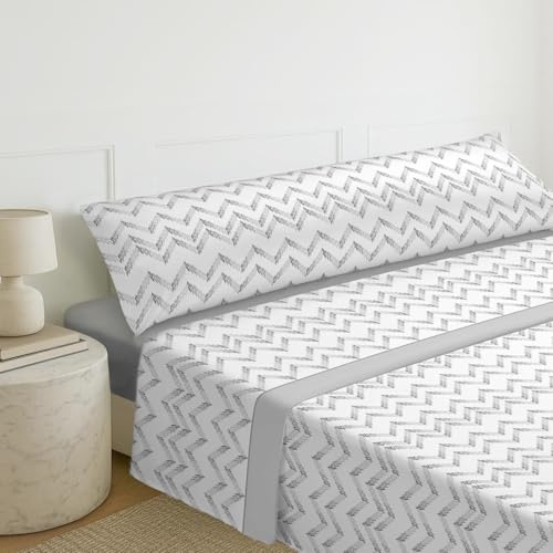 MERCURY TEXTIL – Juego Sábanas de Cama Estampadas 3 Piezas (50% algodón/50% poliéster) Incluye Funda de Almohada + Encimera + Bajera Ajustable. (Cama de 105 cm, Zig Zag Gris)