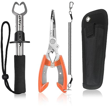J&D Angelzange und Fischlippenzange Set, Multifunktionale Edelstahl Angelzange Zahnradhakenentferner mit Sicherheitsspule mit Scheide und Lanyard für Süßwasser Salzwasserfischen