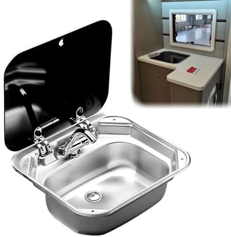 TRUNXUCL RV-Waschbecken-Set aus Edelstahl, Einbauwaschbecken für Wohnwagen und Wohnmobile mit Wasserhahn und Glasdeckel, multifunktionales Handwaschbecken für Bars, Imbisswagen, Wohnwagen, Anhänger