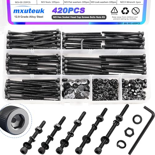 mxuteuk 420PCS M3 Screws,M3x30/35/40/45/50mm Hex Socket Head Cap Screws Bolts Nuts Kit,12.9 Grade Alloy Steel M3 Bolts with Hex Wrench