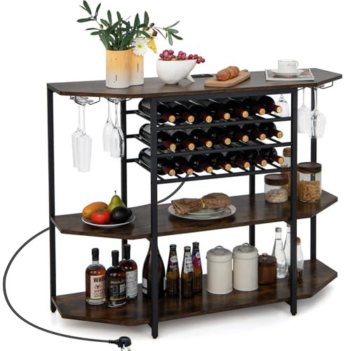 COSTWAY Wine Cabinet, 3 Tier Kitchen Sideboard with 2 AC Outlets, 2 USB Ports, Glass Holders, Wine Rack and Adjustable Footpads, Coffee Bar Table Drinks Cabinet for Living Room Dining Room (Brown)