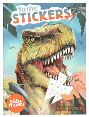 Depesche 13243 Dino World Number Sticker – Klistermärkesbok med 16 sidor för att designa dino-motiv efter nummer, inklusive 8 klistermärken