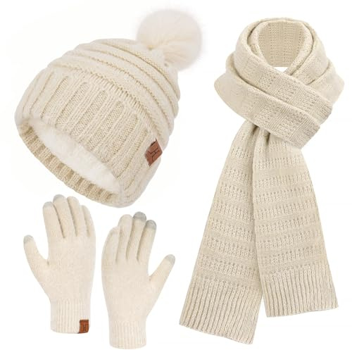 Bequemer Laden Winter Bommel Beanie Mütze Damen Schal Handschuhe Geschenke | Warm Wintermütze Strickmütze Bommelmütze Touchscreen Winterhandschuhe Strickhandschuhe Schals für Damen Weihnachtsgeschenke