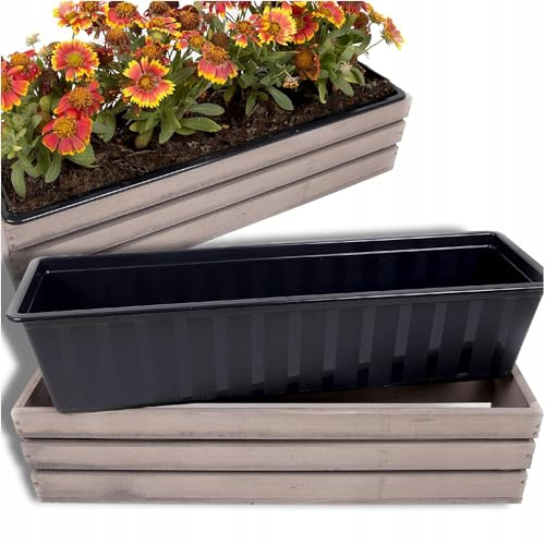 ECODECO Jardineras Exterior Grandes de Madera con Inserto De Plástico - Huerto Urbano Terraza, Macetas para Balcón y Jardín - 18x60x15 cm - Marrón