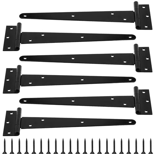 MAKTSAM 6PCS 12 Inch/30cm T Strap Hinges, 2.5m Extra Thickened Heavy Duty Metal T Hinge with Screws, Black Garden Gate Hinges for Domestic Garden Gates, Barn Doors and Shed Doors