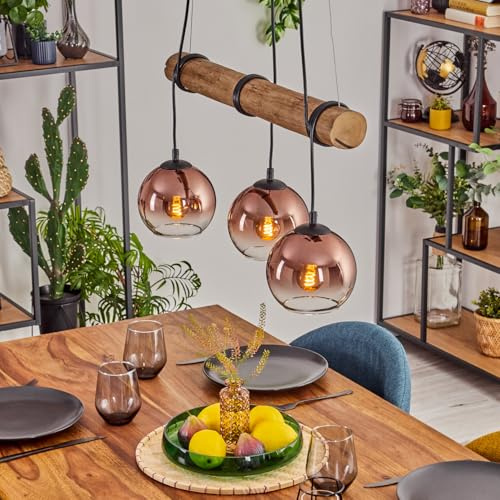 HOFSTEIN Pendelleuchte Koyoto, 3-flammige Hängelampe aus Metall/Holz/Glas in Schwarz/Natur/Kupfer/Klar, Hängeleuchte Boho mit Glasschirmen, Holzbalken, max 150cm, E27, Esszimmer, Wohnzimmer, Küche